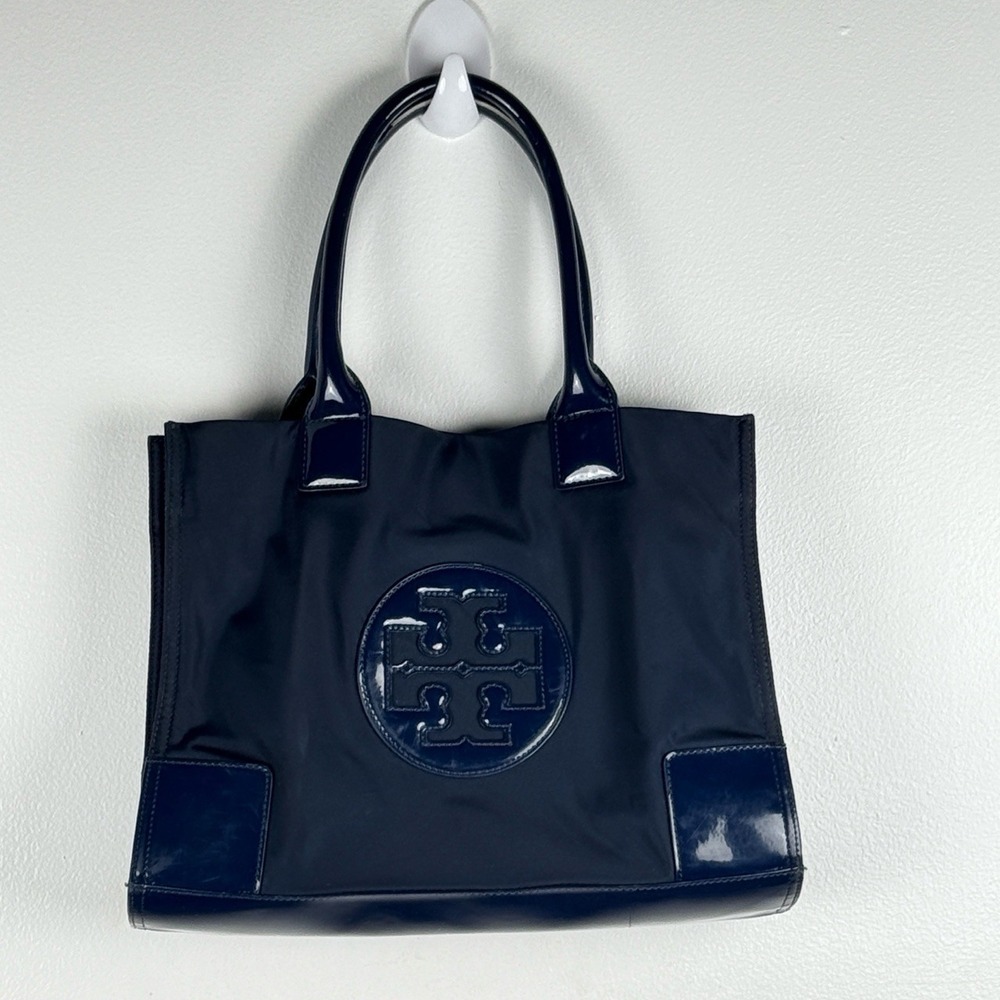 Tory Burch Ella Womens Tote Bag Navy Patent Trim Nylon Everyday Travel